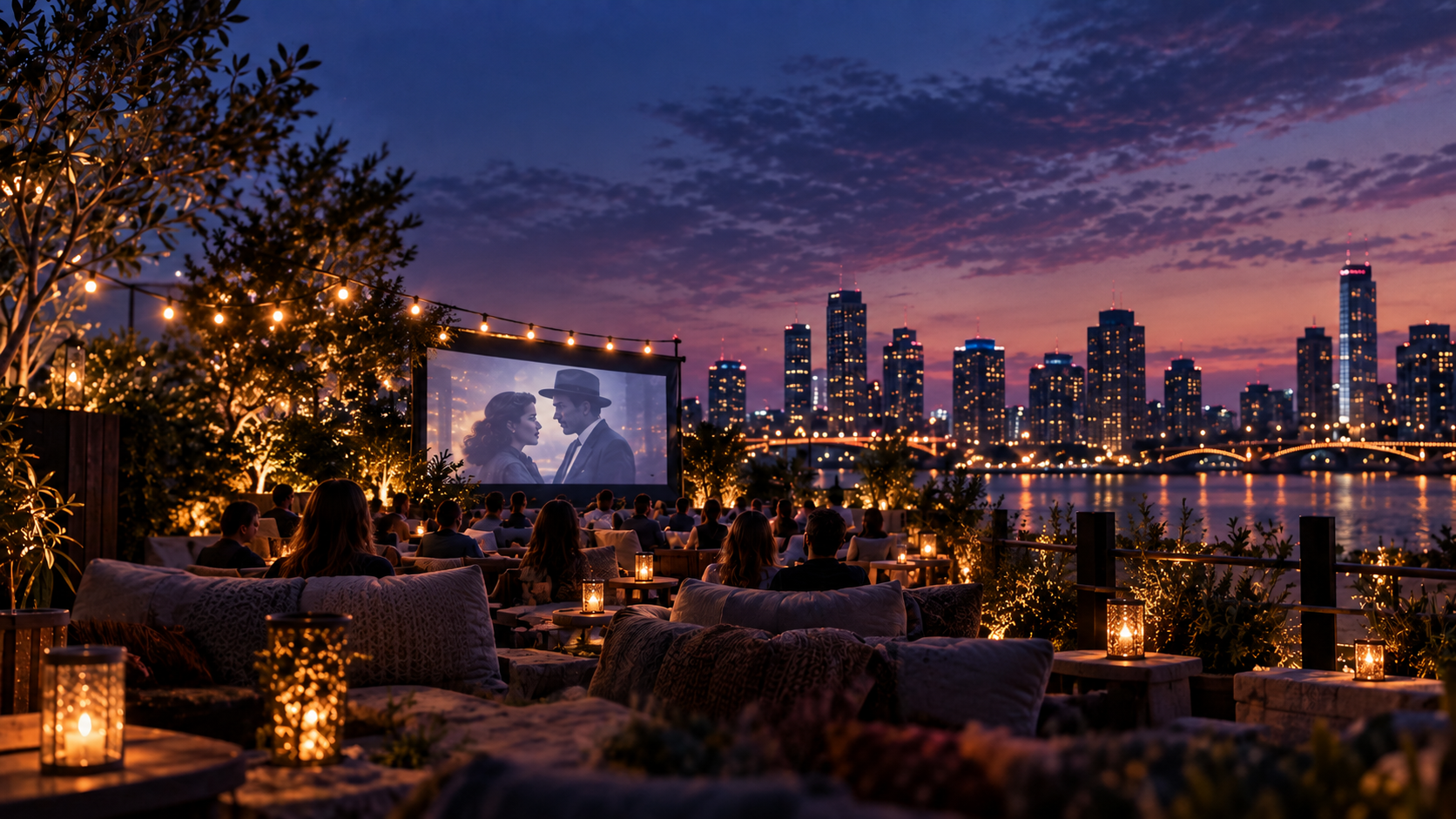 Rooftop cinema at dusk